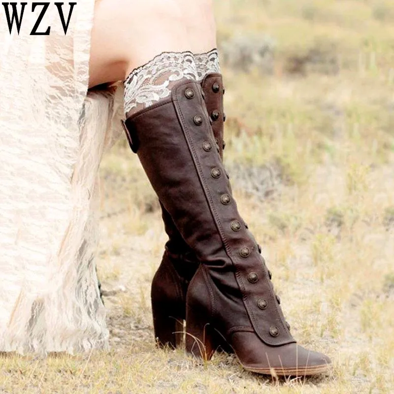 Najtaniej 2018 moda damska styl romański średniowieczne buty na wysokim obcasie Cosplay wysokie buty Martin modne buty w stylu casual buty do kolan C364