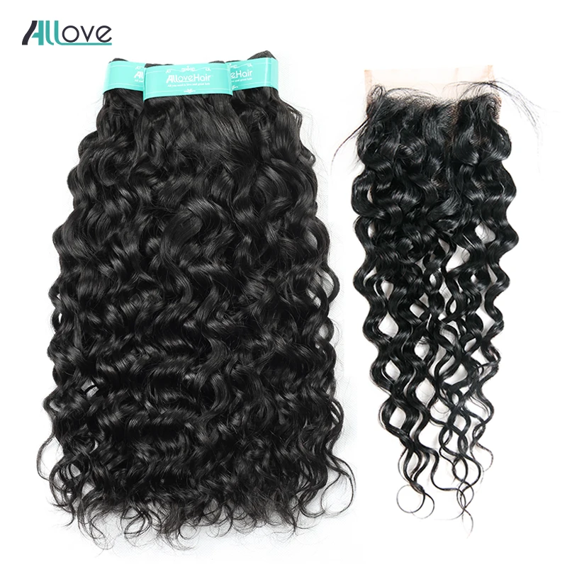 

Allove Peruvian Hair Bundles With Closure 4Pcs/Lot Water Wave Bundles With Closure Remy Human Hair Bundles With Closure 4X4 Inch