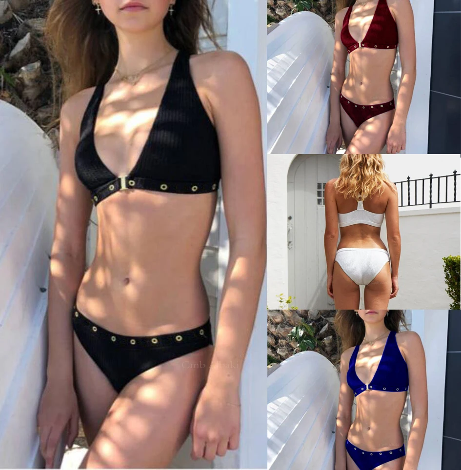 

Women Sexy Bikini White Thongs Swimwear Long Sleeve Mesh 2019 Bikini set Summer Beach Brazil Women Swimsuit Solid Color M026