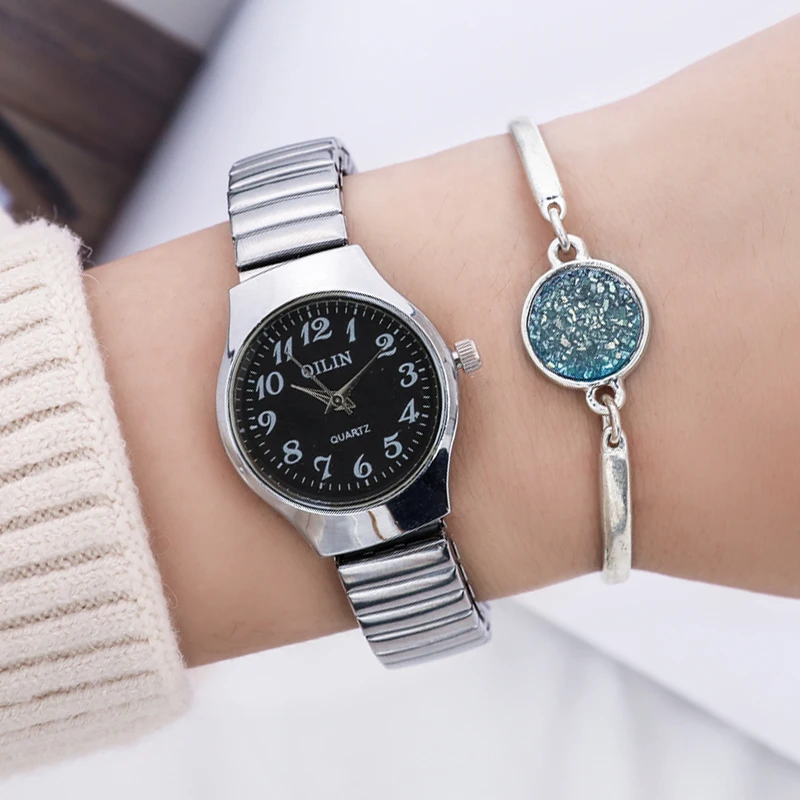Женские часы имитация кварцевые платье из нержавеющей стали с часами подарок Мода эластичный Телескопический ремешок женские часы