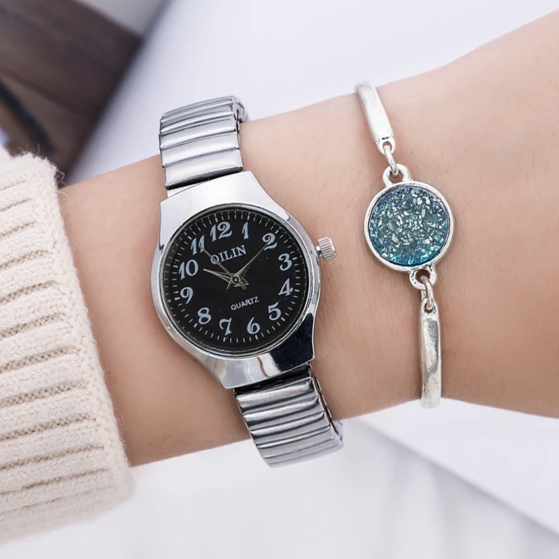 

women's watch simulation quartz dress stainless steel with clock gift fashion elastic telescopic strap ladies watch