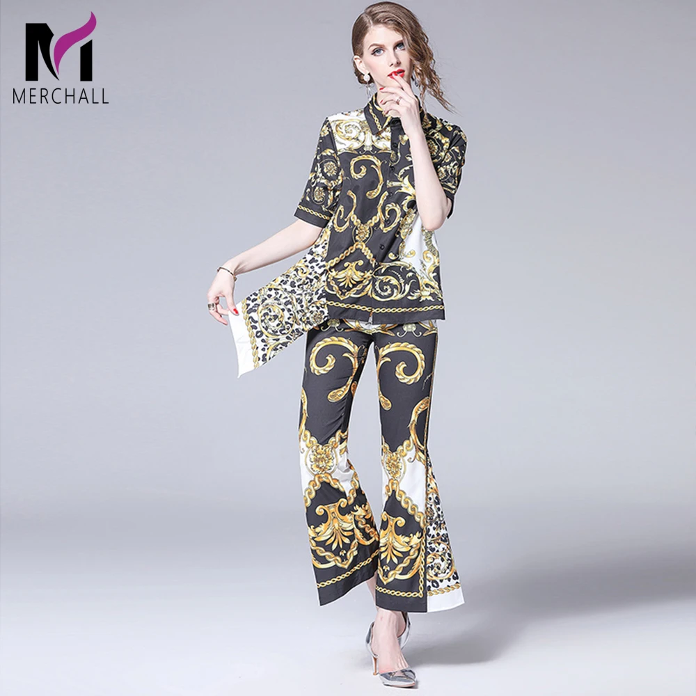 

Merchall New Fashion Runway Summer Suits Royal Leopard Printed Irregular Hem T-shirt+Slim Flare Long Pants Two Pieces Sets