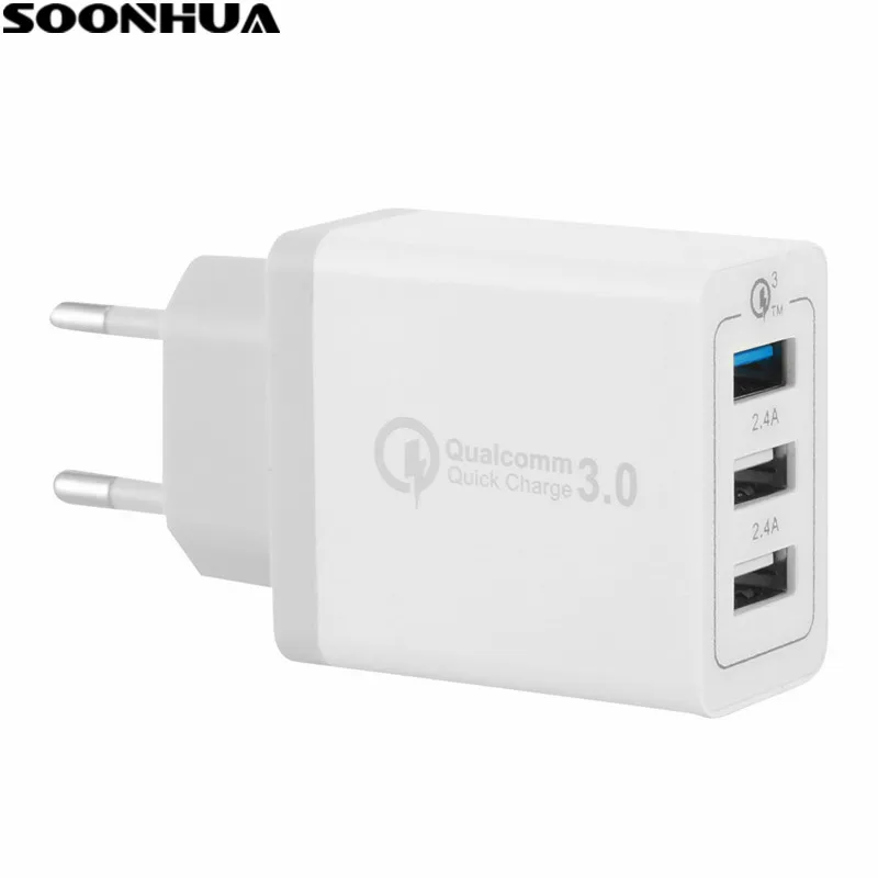 

SOONHUA 3 USB Ports QC3.0 Quick Fast 5V 3.1A Smart Wall Charger Home Travel Charging Adapter For Phone EU/US/UK Plug
