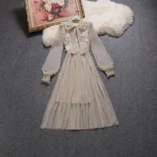 

2017 Autumn winter new female sweet gauze lace bow tie long section pleated dress women's waist slim full dress two pcs chrimas