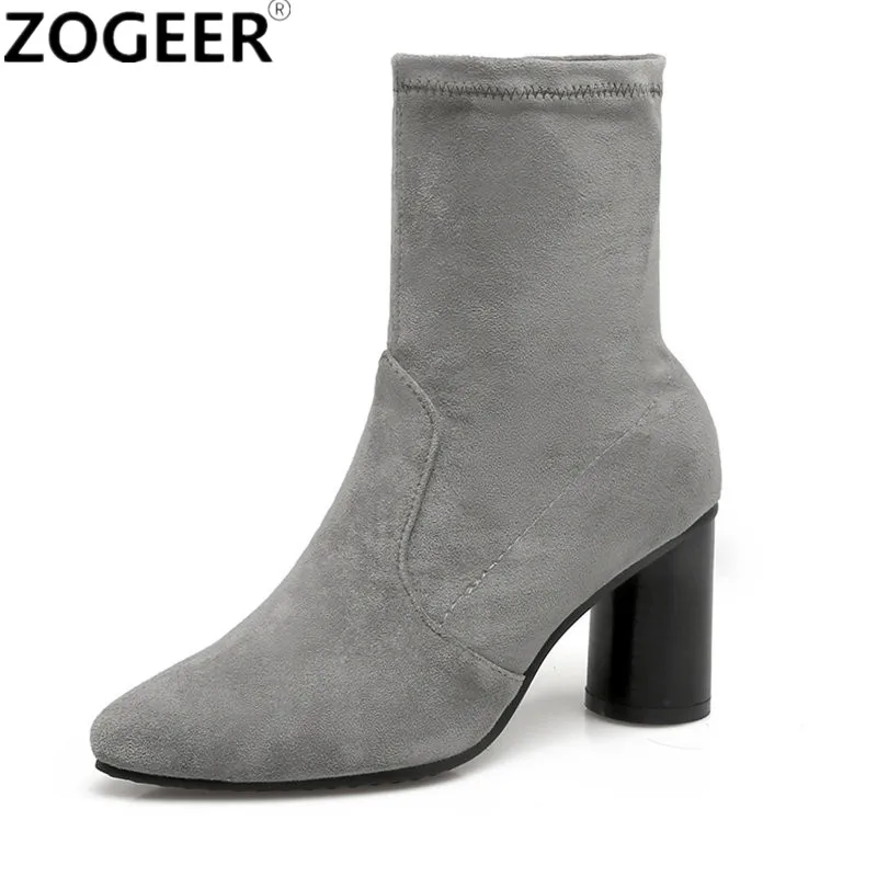 grey mid calf high heel boots