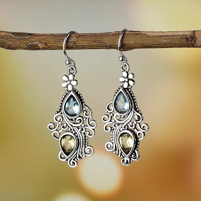 

Bohemia Dangle Drop Blue Stone Earrings For Women Indian Ethnic Tibetan Silver Earrings Female Vintage Earings Fashion Jewelry