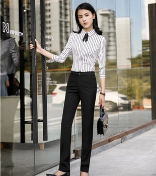 

Formal Uniform Styles Pantsuits With 2 Piece Blouses And Pants For Women Business Work Wear Office Pants Suits Fashion Striped