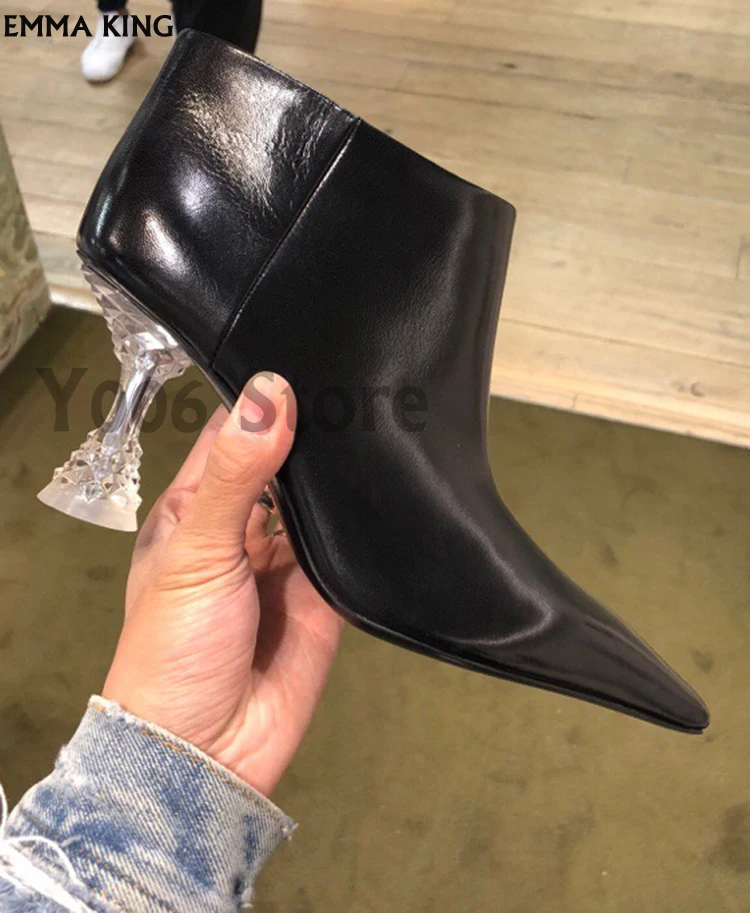 

2019 New Elegant Boots Women Autumn /Winter Booties High Heels Square Head Bare Botas Mujer Black Crystal Heel Party Shoes Woman