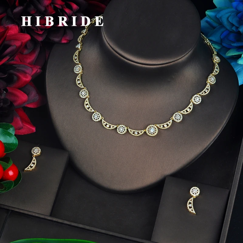 

HIBRIDE Fashion Gold Color Dubai Jewelry Sets Women Bridal Jewelry Unique Design Cubic Zircon pendientes mujer Set N-655