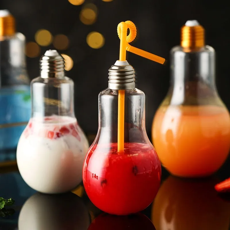 

3pc! Creative Light Bulb drink bottle plastic Leak-proof Milk Juice Tea Coffee Water cup straw for bar restaurant wedding party