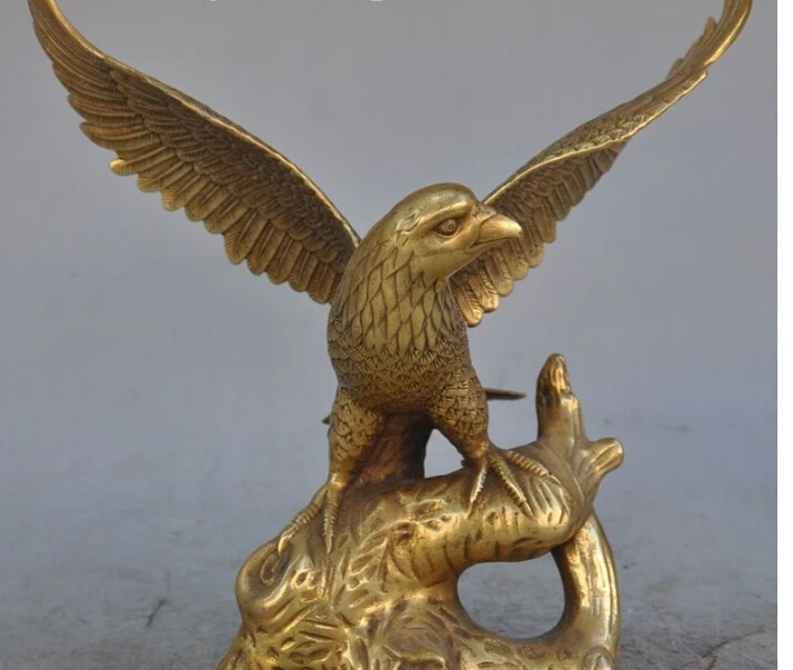 

9"Lucky Chinese brass Folk Home FengShui Bird Fly Eagle Hawk On Tree Statue