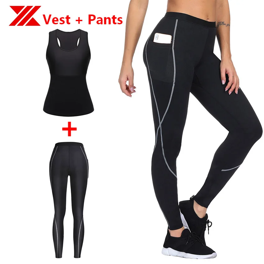 

HEXIN Women Vest Pants 2Pcs One Set Sauna Raceback Mesh Slimmer Neoprene body Shaper Tank Shaper Tummy Compression Waist Trainer