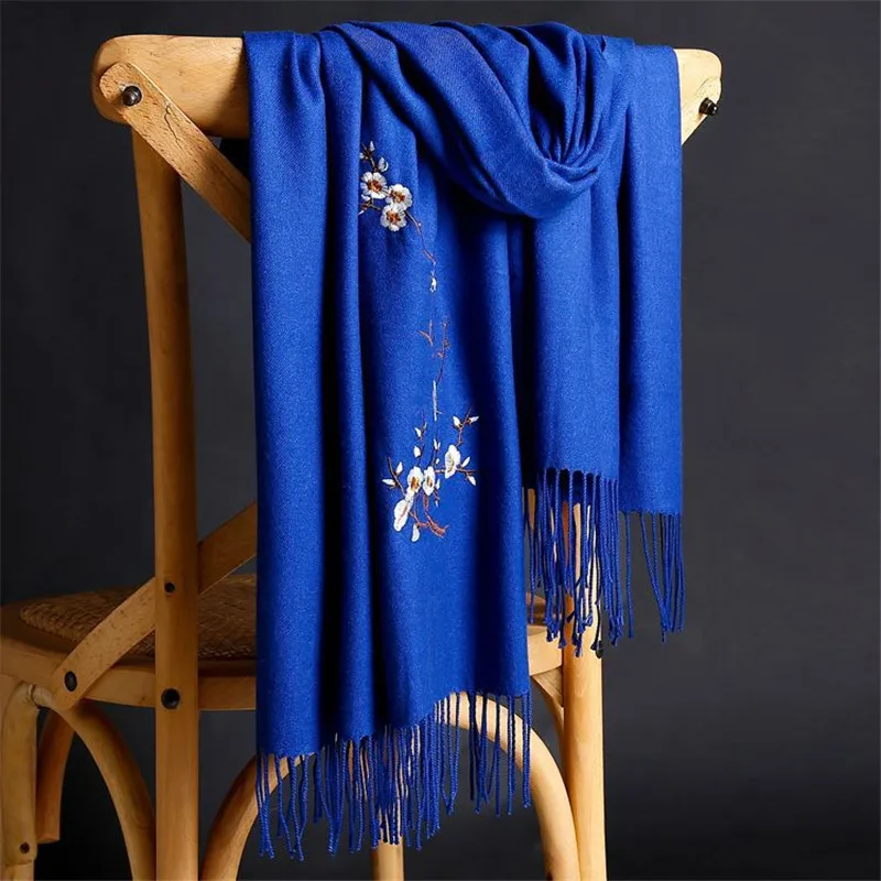 LaMaxPa зимний теплый однотонный шарф для женщин/леди из мягкой шерсти пашмины шали с цветочной вышивкой кашемировый женский кашне, накидки