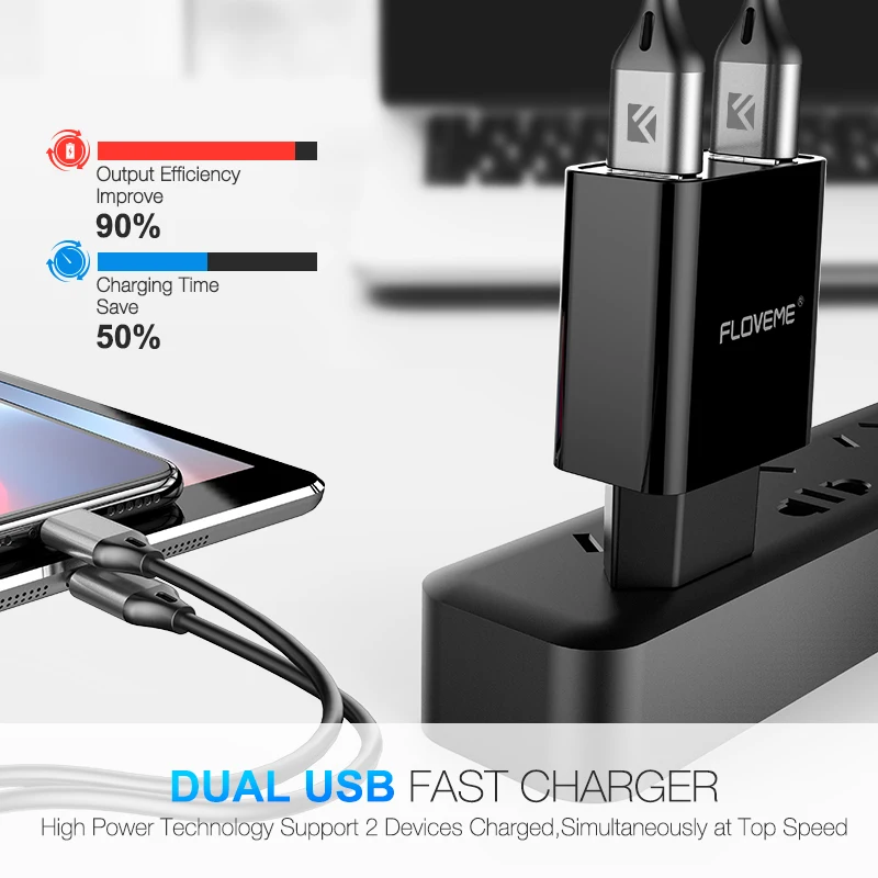 зарядка для телефон Floveme зарядное устройство 2 Порты USB ЕС Plug Зарядное iPhone X Samsung S8