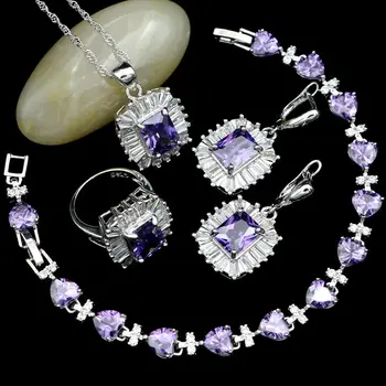 

925 Sterling Silver Wedding Jewelry Sets For Bride Purple Stone White Crystal Earrings/Pendant/Necklace/Ring/Bracelet