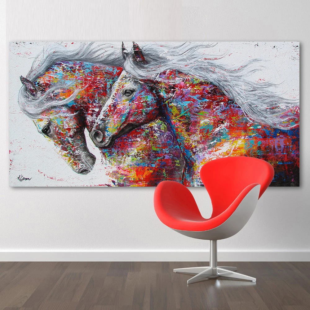 Günstige QKART Ölgemälde Tier Wand Kunst Bilder Für Wohnzimmer Wohnkultur Poster Die Zwei Running Horse Keine Rahmen Leinwand malerei