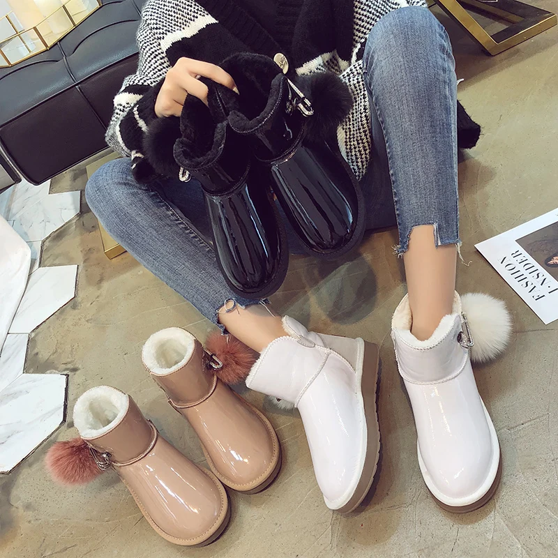 

Warm Fur Women Snow Boots Patent Leather Winter Shoes Fur Ball Ankle Boots Female Fashion White Pink Snow Boots 2018 New Design