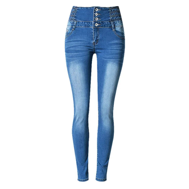 

High Waist Europe Skinny Jeans Women Fashion Elasticity Pleated Washed Vintage Jeans Mujer Bleached Push Up Blue Trousers Femme