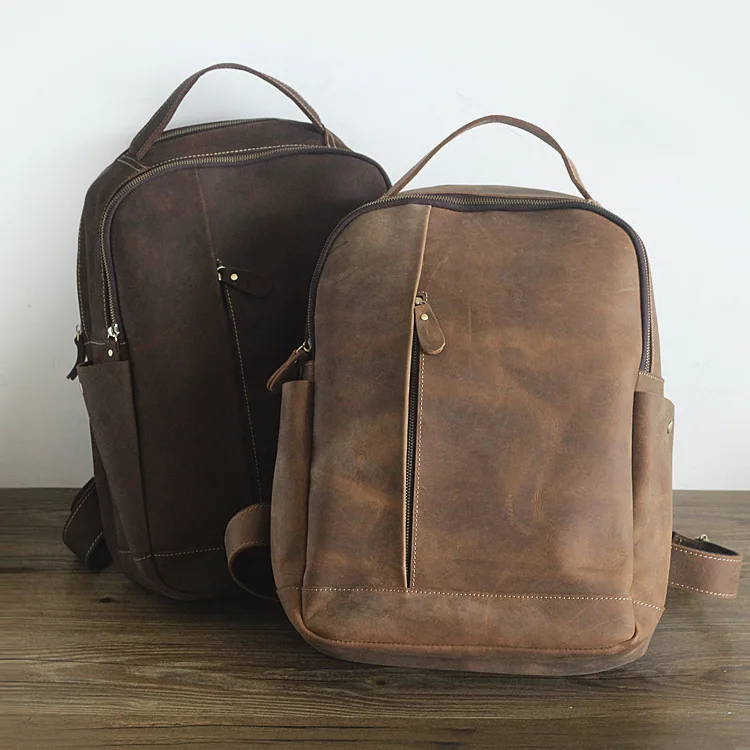 BJYL Genuine leather Men Backpacks Retro Crazy Horse Leather Men's business Laptop shoulder bag Leisure Travel computer Backpack