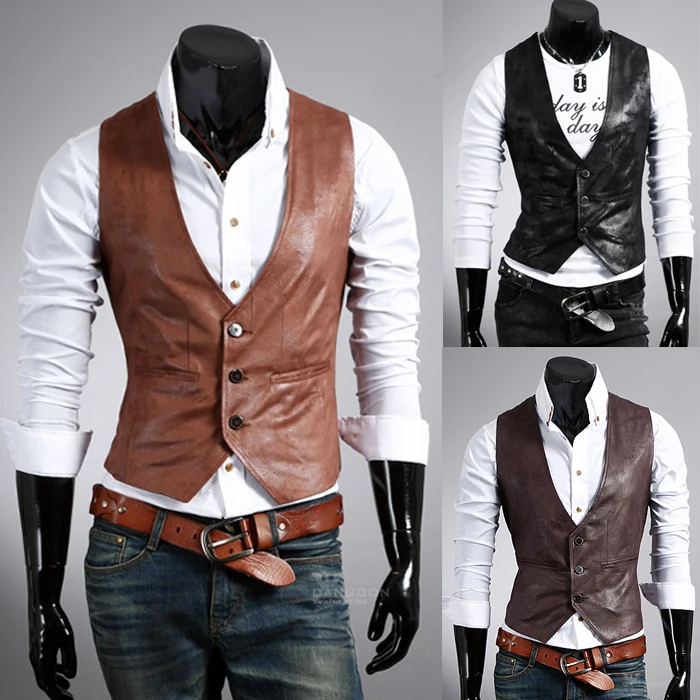 Free Shipping Men's Leather Vest,Men's brief all match single breasted ...