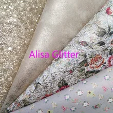 1PCS A4 SIZE 21X29cm Alisa Glitter Flowers Printed Faux Leather Fabric, Synthetic Leather Gold Glitter Fabric for Bow DIY G16G