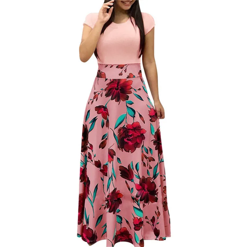 Винтаж Цветочный принт лоскутное длинное платье для женщин повседневное вечерние платье элегантный O средства ухода за кожей Шеи Дамы Макси - Цвет: Pink