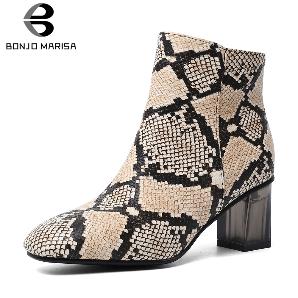 

BONJOMARISA New 34-48 Fashion Snake Veins Ankle Boots Women 2019 Winter Office Lady High Heels Boots Warm Add Fur Shoes Woman
