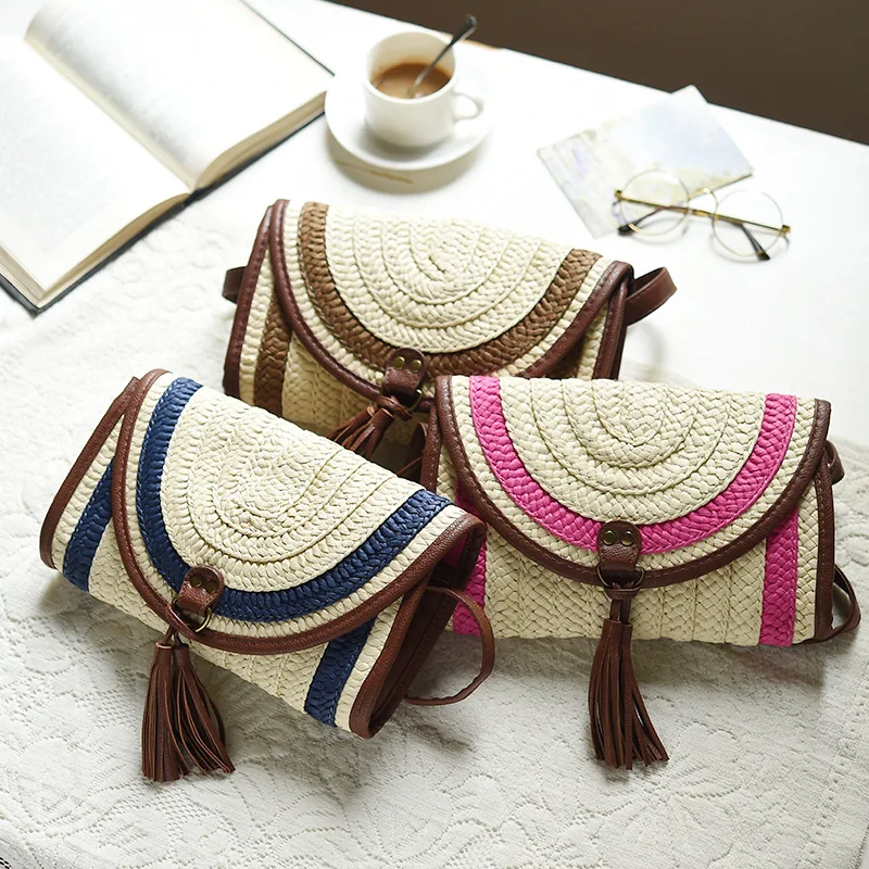 

Spring and Summer Women's Fringed Envelope Bag Fashion Leisure Straw Woven Handbag Rattan Purse Cross-Body Single Shoulder Bag