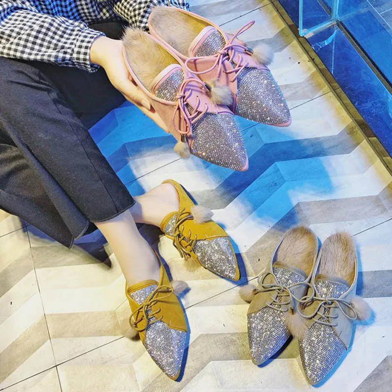 

Bailehou Furry Slippers Ladies Fur Slides Home Shoes Women 2018 Female Shoes Outdoor Falts Mules Crystal Indoor Slippers Fashion