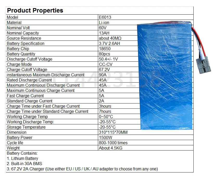 60V Батарея 60V 13AH Электрический велосипед Батарея 60V 12AH литий Батарея с 30A БМС+ 67,2 V 2A зарядное устройство для 750W 1000W 1500W мото