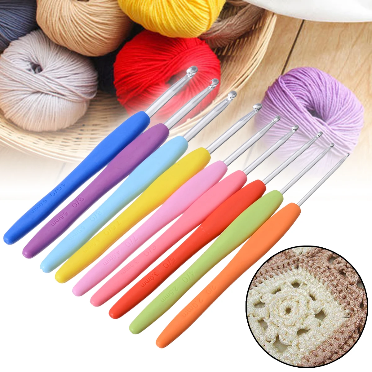 

9pcs 2-6mm Multi-colored Soft Grip Aluminium Crochet Hook Knitting Set Kit Accessories Tools