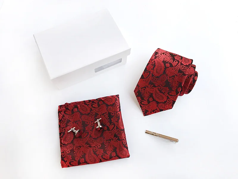 Для мужчин галстук/квадратный шарф/зажимы для галстуков/Запонки Набор Пейсли цветком на талии галстук в подарочной коробке группы галстук