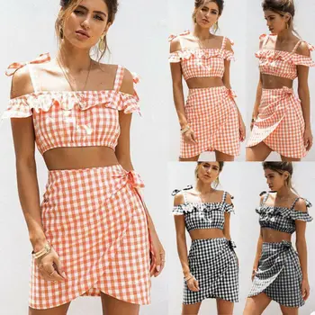 

Prairie Chic Style Sweet Cute Fashion Casual Women 2 PCS Plaid Bodycon Two Piece Crop Top and Skirt Set Dress Party Sundress