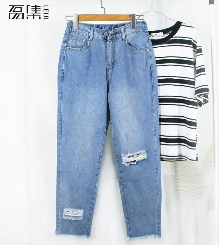 Рваные джинсы Для женщин плюс Размеры Высокая Талия Пят молнии шаровары джинсовые брюки