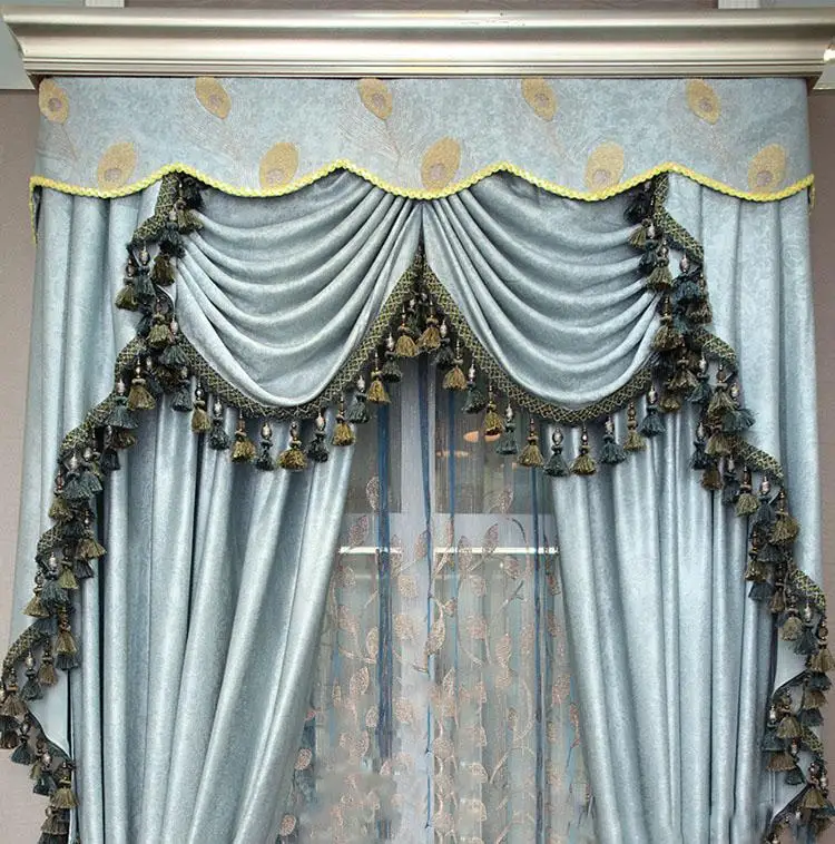 Nuevo envío libre gris verde azul relieve cortinas lujo Europa cortina terminado con hoja de tulle Valance Cuentas cortinas