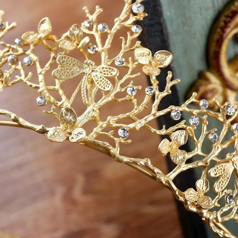 Винтажная Золотая свадебная корона в стиле барокко, аксессуары для волос, тиара стрекоза, стразы для подружки невесты, головной убор, головная повязка