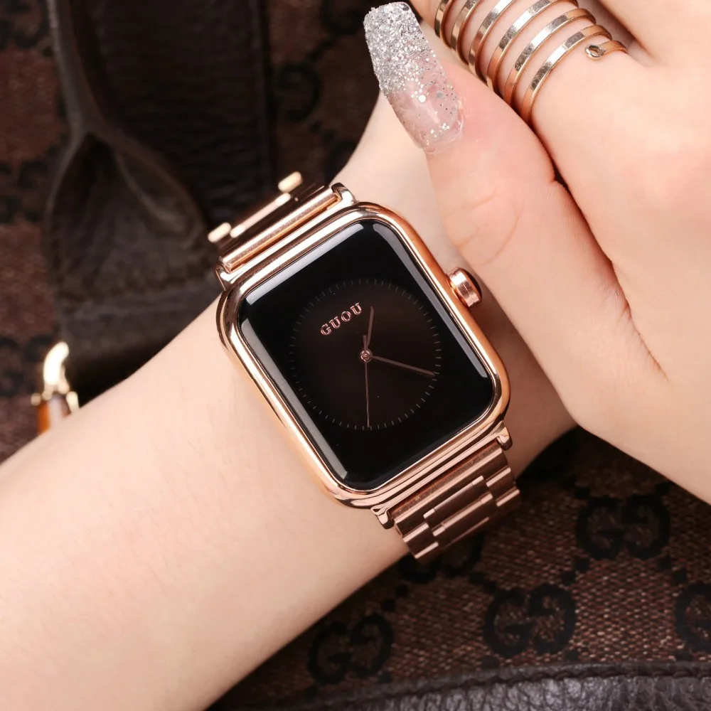 Koop Eenvoudige Mode Horloge Top Merk GUOU Rechthoek Wijzerplaat Lederen Quartz Horloge Vrouwen Horloges Dame Uur Klok relogio feminino