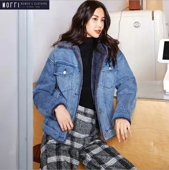 

MOFFI 2019 winter new fashion fashion shorts lapels plus velvet warm slim denim jacket female thick jean coat 1851789
