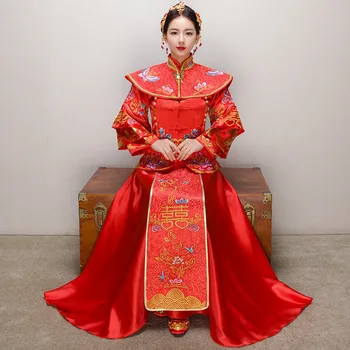 

Traditional Embroidery Formal Qipao Vestidos S-XXL Red Women Vintage Satin Cheongsam Elegant Length Bride Wedding Dress Gowns