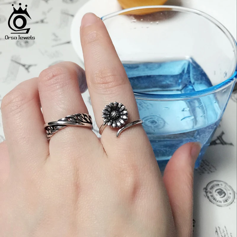 ORSA JEWELS Real 100% 925 Sterling Silver Ring Women Daisy Shape Vintage Adjustable Wholesale Female Girl Silver Jewelry PSR48