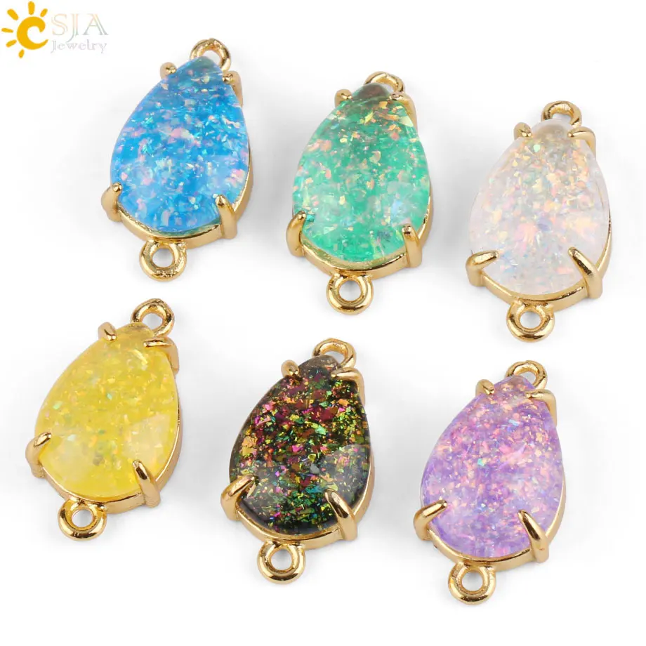 

CSJA New Opal Charms for Bracelet Necklace Gold Color Water Drop Shape Colorful Connector Bead Earrings Jewelry Accessories G092