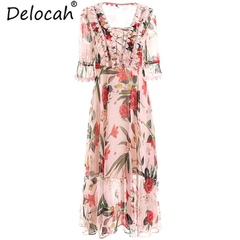 

Delocah Runway Fashion Summer Dresses Women's Sexy V-Neck Ruffles Floral Printed Elegant Vintage Vacation Chiffon Midi Dresses