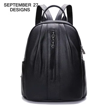 

100% Genuine Leather Women Backpack First Layer Cow Leather Fashion Black Female Travel Rucksack Youth Schoolbags Casual Bag