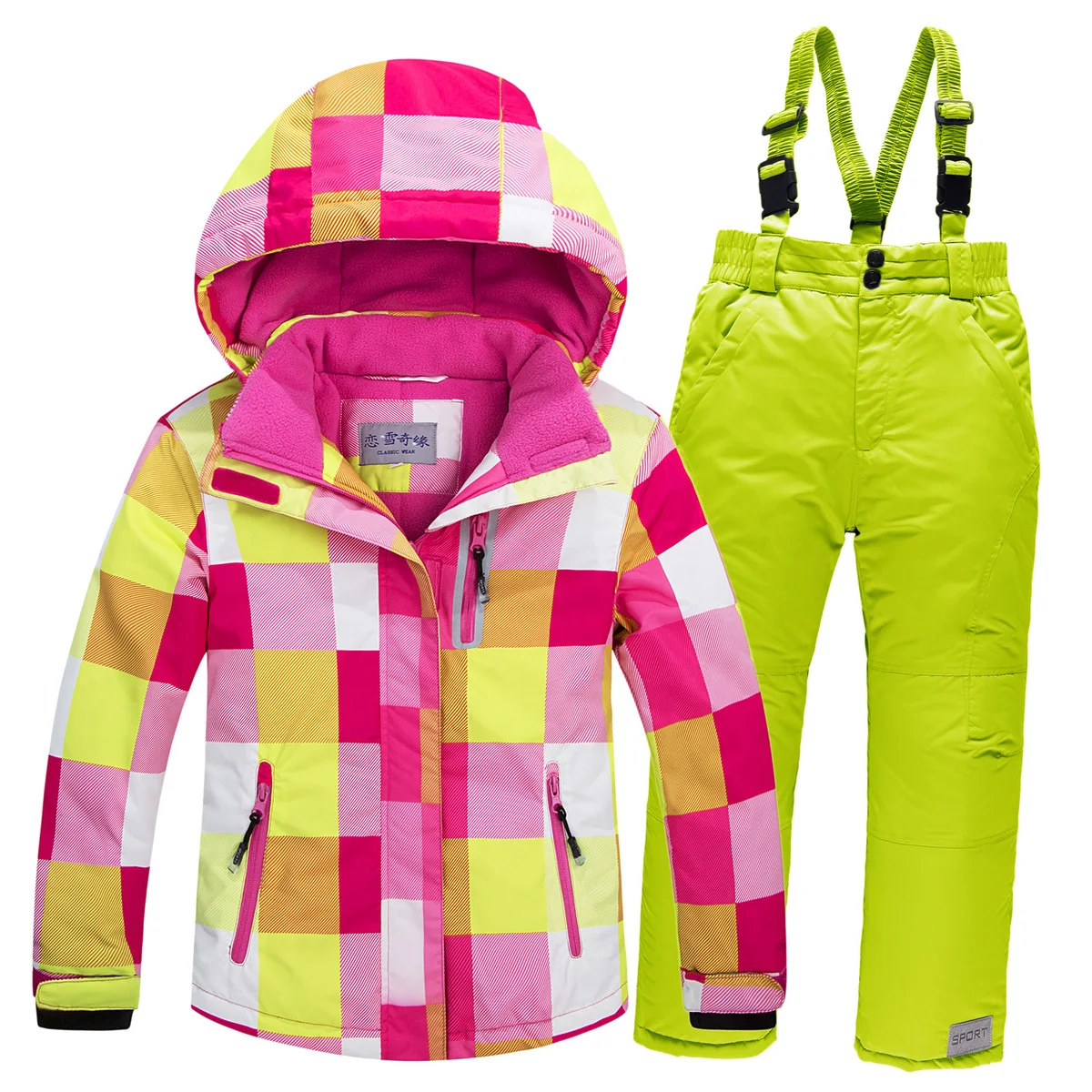 Зимний детский лыжный костюм на температуру до-30 градусов, ветрозащитный Теплый комплект одежды для девочек, куртка+ комбинезон, одежда для мальчиков, От 3 до 16 лет, Детские Зимние костюмы - Цвет: red green 2