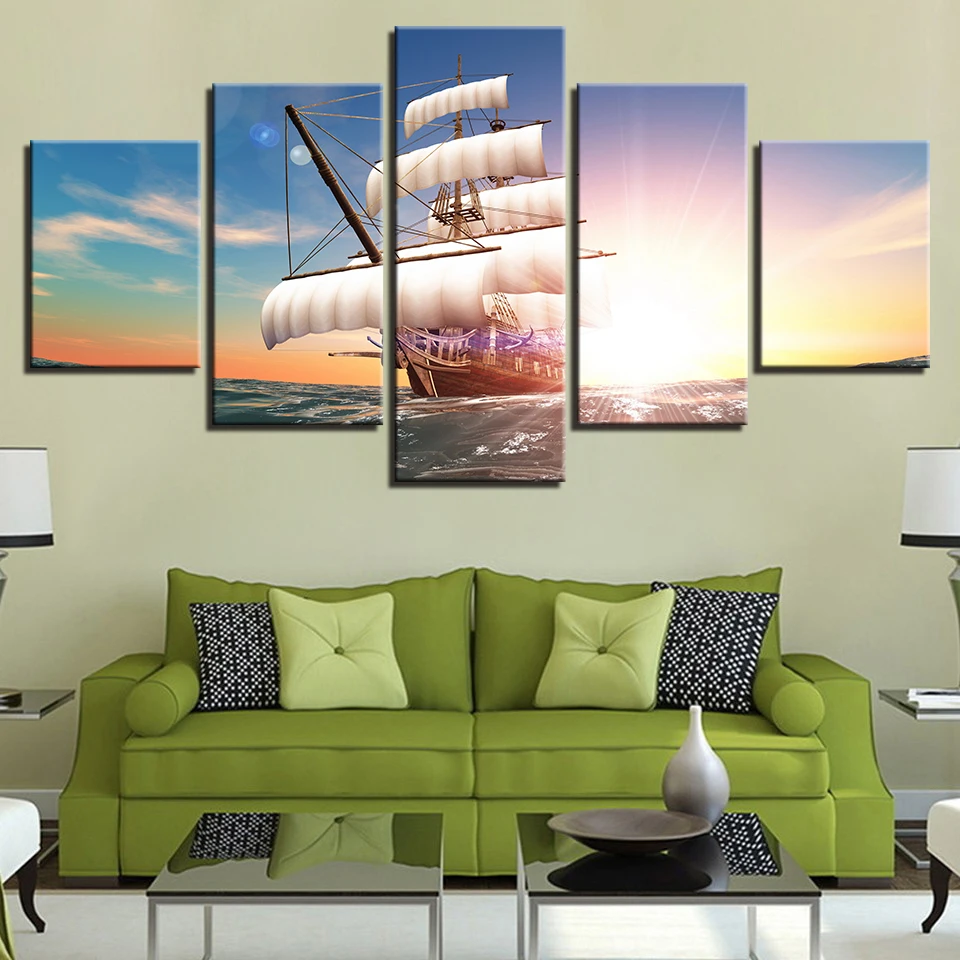 Canvas Painting Home Decor Framework 5 Pieces Sailboat At Sea Pictures Prints Sail Boat Sailing Away Poster Living Room Wall Art