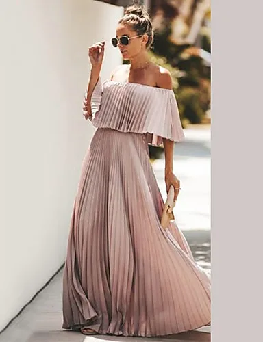 

Women sexy off shoulder slash neck ruffle pleated maxi dress sukienka Lady chiffon party frocks black pink robe ceremonie femme