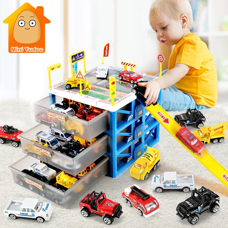 Kids Car Track Toys Mini Parking Lot 6pcs Cars Storage Matchbox