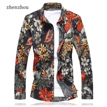 ZhenZhou High Quality 2017 Mens Shirts Floral Plus Size M 7XL Red Orange Camisa Social Masculina