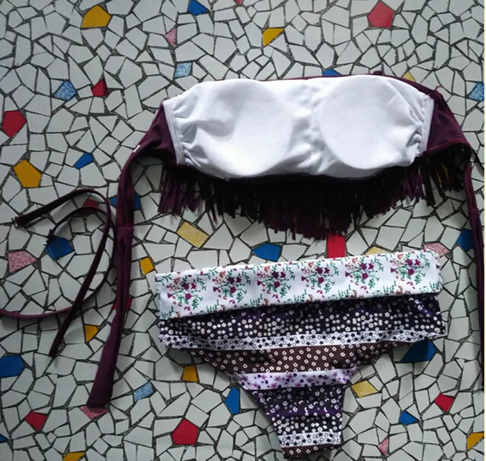 Летний женский сексуальный комплект бикини с бахромой, купальник с кисточками, купальный костюм, женский купальник с лямкой через шею из двух частей