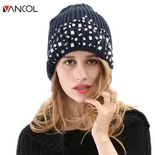 Горный хрусталь Шапочка Шапки Зимние Толщиной Случайный Gorras 2015 Новый Перл Кристалл Мужчин Kintted Шерсти Женщин Вязать Черный Кристалл Шапочка Cap
